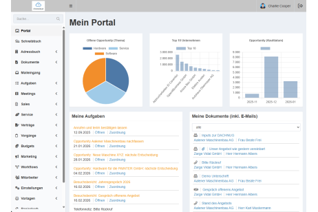 In Ihrem Portal haben Sie immer Ihre wichtigsten Kontakte, Dokumente, Aufgaben und Reports auf einen Blick. So sind Sie noch schneller bei den Informationen, die Ihnen und Ihrem Team helfen einen optimalen Kundenservice zu bieten und sich effektiv einen Überblick über Ihre Prozesse zu verschaffen.